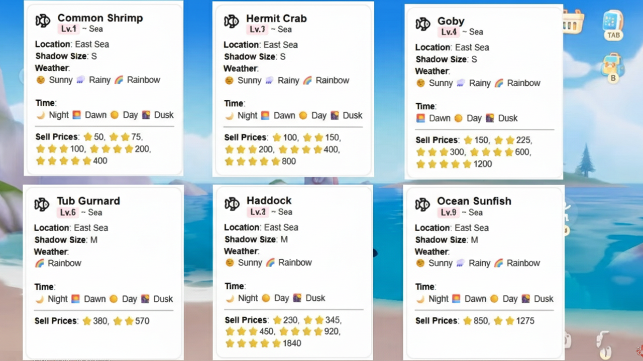 Fish cards for the East Sea area in Heartopia, showing species like Common Shrimp, Hermit Crab, Goby, Haddock, Tub Gurnard, and Ocean Sunfish with weather and pricing details.