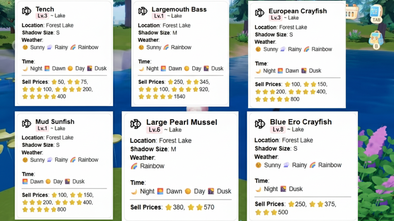 Fish cards for the Forest Lake area in Heartopia, showing species like Common Shrimp, Hermit Crab, Goby, Haddock, Tub Gurnard, and Ocean Sunfish with weather and pricing details.