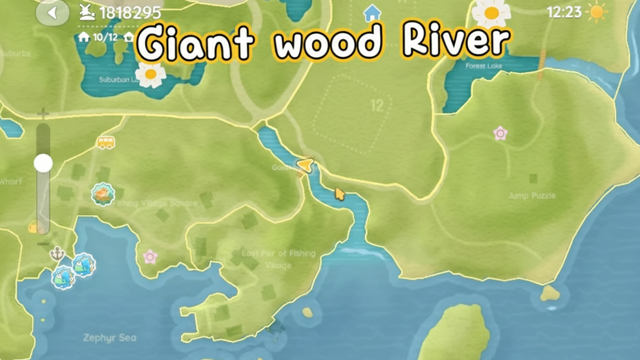 Fish cards for the Giant Wood River area in Heartopia, showing species like Common Shrimp, Hermit Crab, Goby, Haddock, Tub Gurnard, and Ocean Sunfish with weather and pricing details.