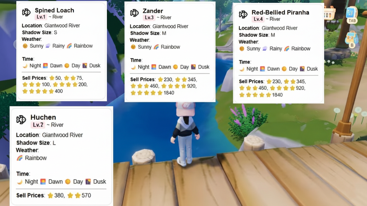 In-game map of Heartopia showing the Giant Wood River fishing location with coastline and ocean area.