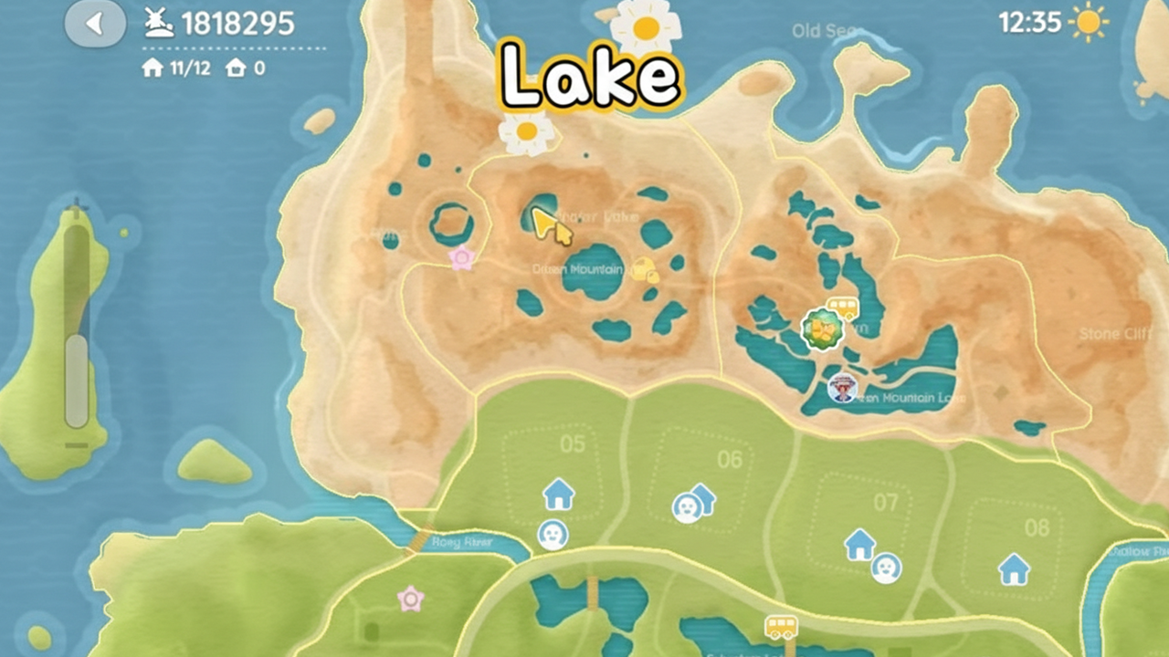 In-game map of Heartopia showing the All Lakes fishing location with coastline and ocean area.