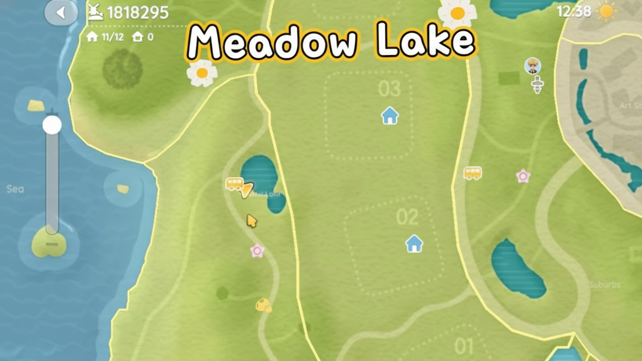 In-game map of Heartopia showing the Meadow Lake fishing location with coastline and ocean area.