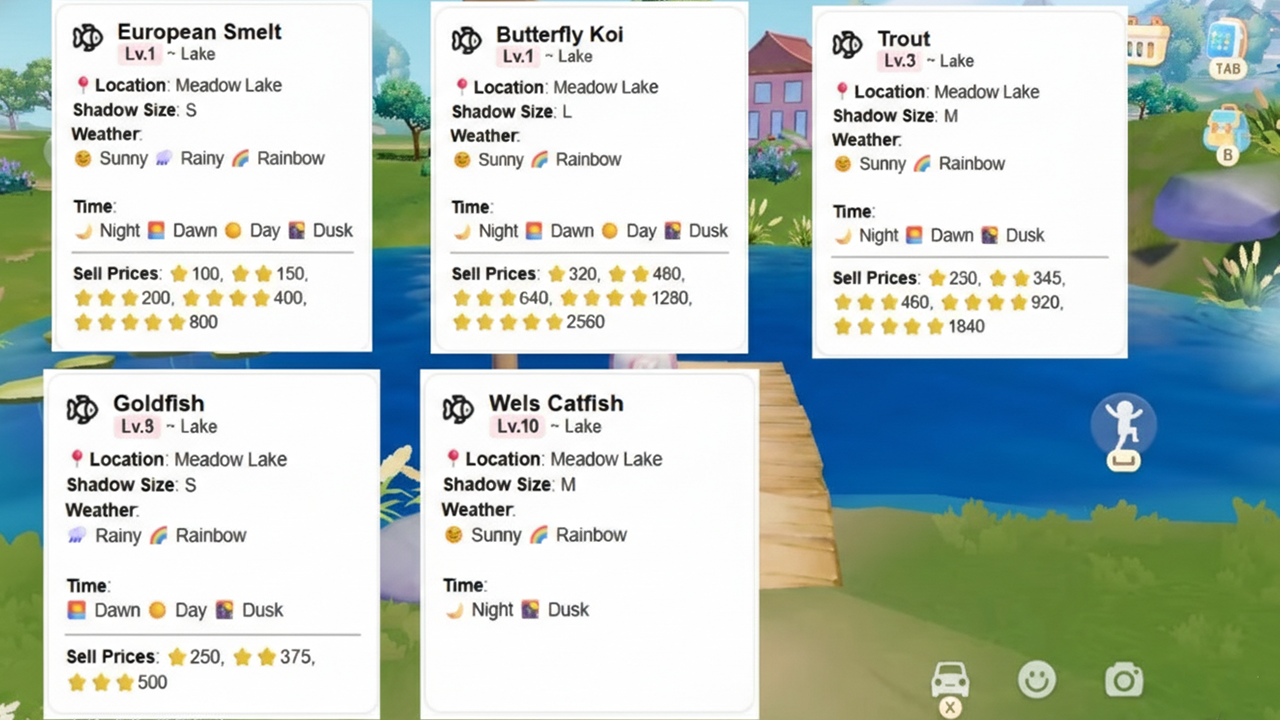 Fish cards for the Meadow Lake area in Heartopia, showing species like Common Shrimp, Hermit Crab, Goby, Haddock, Tub Gurnard, and Ocean Sunfish with weather and pricing details.