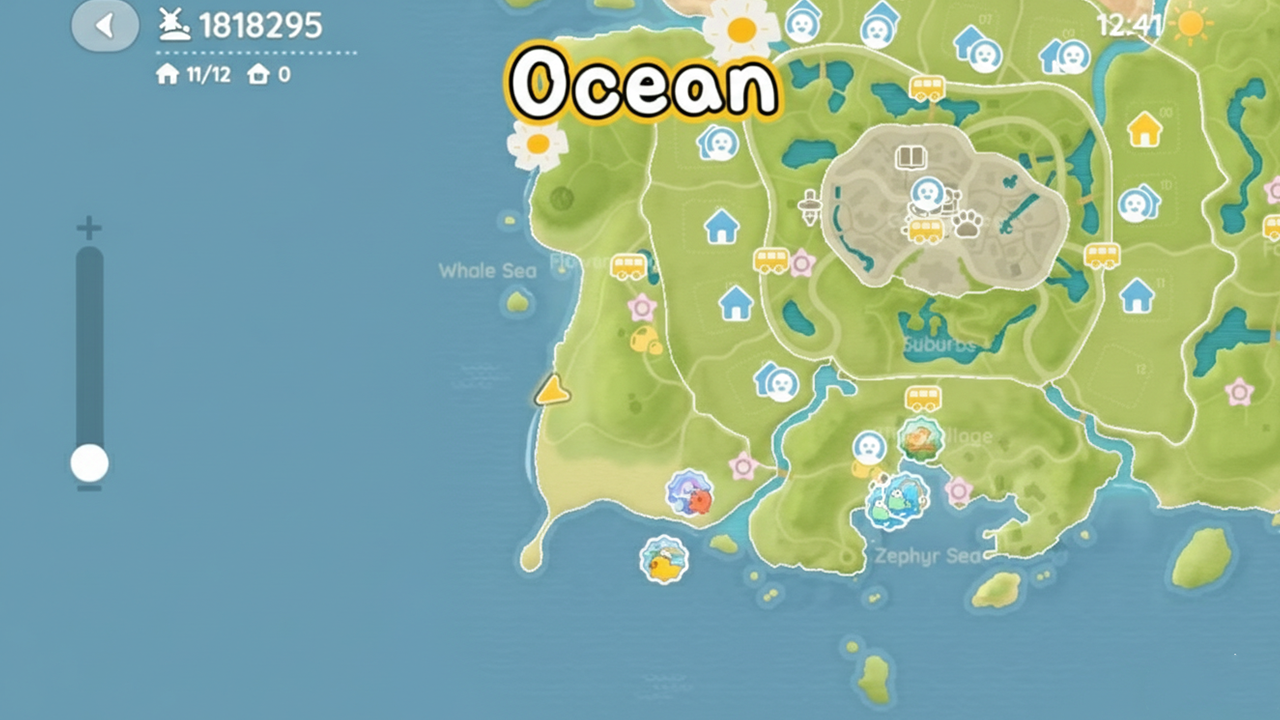 In-game map of Heartopia showing the Ocean fishing location with coastline and ocean area.