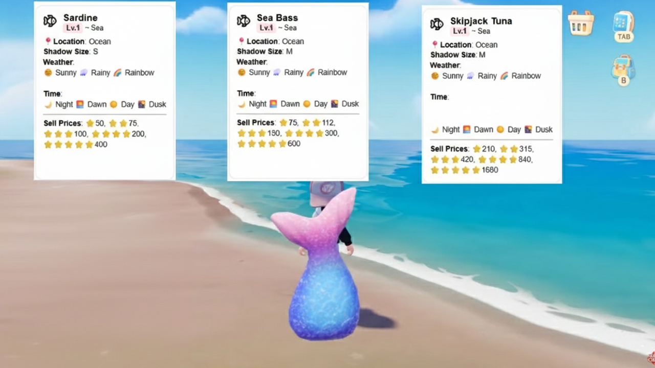 Fish cards for the Ocean area in Heartopia, showing species like Common Shrimp, Hermit Crab, Goby, Haddock, Tub Gurnard, and Ocean Sunfish with weather and pricing details.