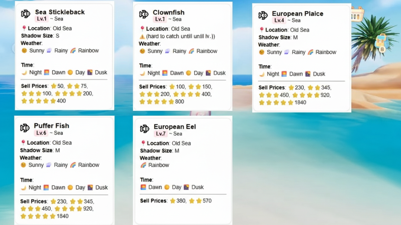 Fish cards for the Old Sea area in Heartopia, showing species like Common Shrimp, Hermit Crab, Goby, Haddock, Tub Gurnard, and Ocean Sunfish with weather and pricing details.