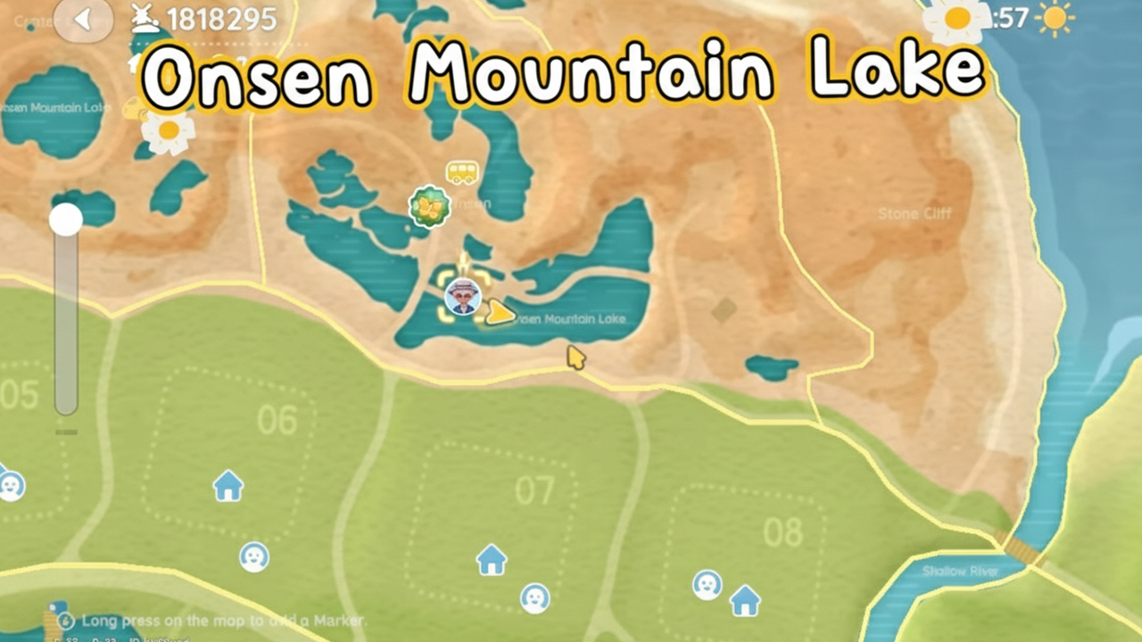 In-game map of Heartopia showing the Onsen Mountain Lake fishing location with coastline and ocean area.