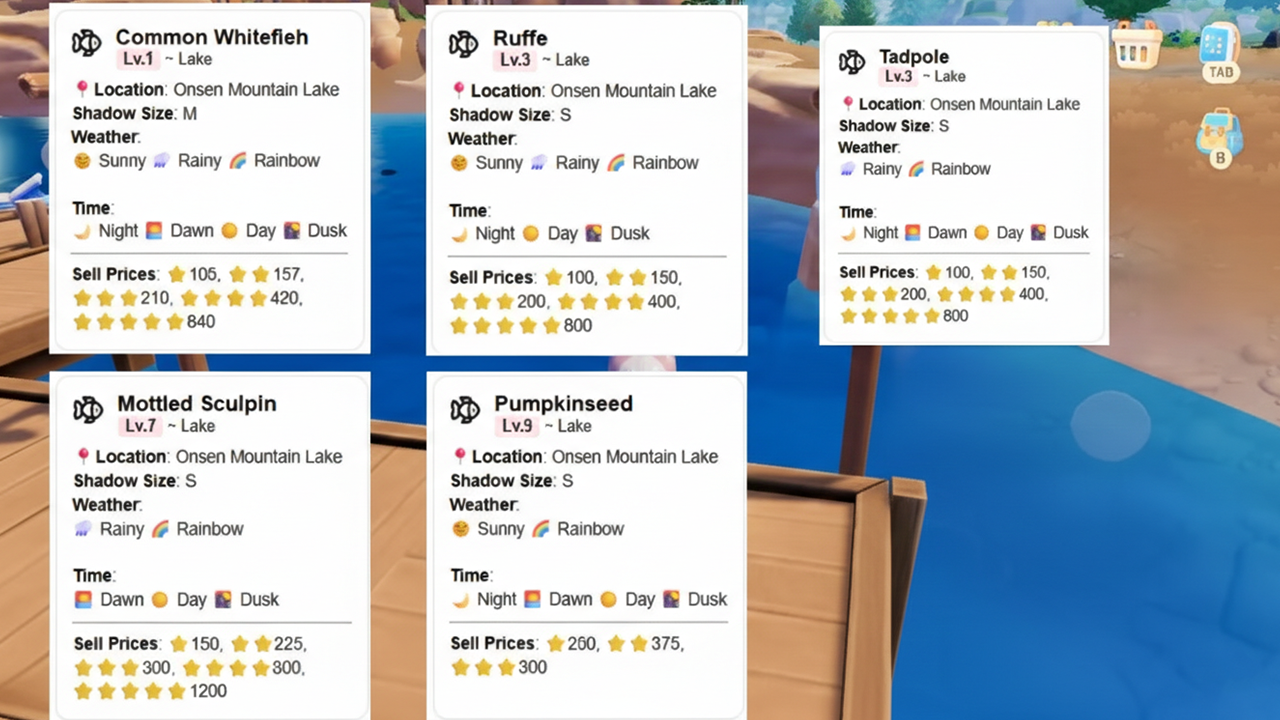 Fish cards for the Onsen Mountain Lake area in Heartopia, showing species like Common Shrimp, Hermit Crab, Goby, Haddock, Tub Gurnard, and Ocean Sunfish with weather and pricing details.