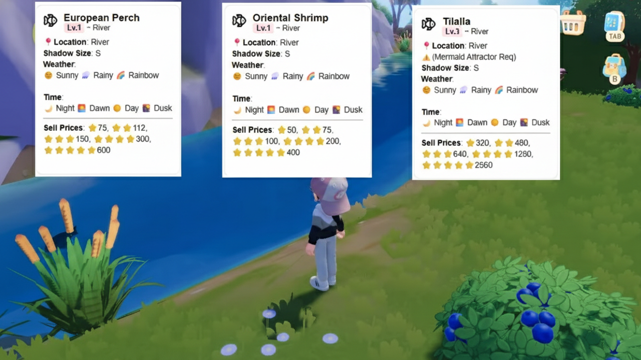 Fish cards for the All Rivers area in Heartopia, showing species like Common Shrimp, Hermit Crab, Goby, Haddock, Tub Gurnard, and Ocean Sunfish with weather and pricing details.
