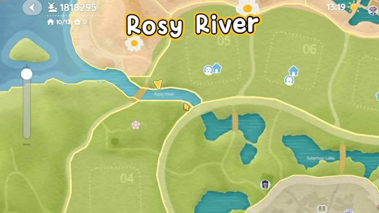 In-game map of Heartopia showing the Rosy River fishing location with coastline and ocean area.