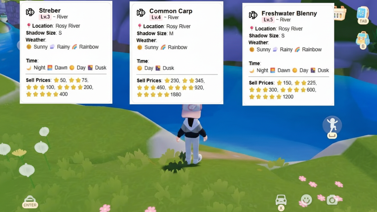 Fish cards for the Rosy River area in Heartopia, showing species like Common Shrimp, Hermit Crab, Goby, Haddock, Tub Gurnard, and Ocean Sunfish with weather and pricing details.