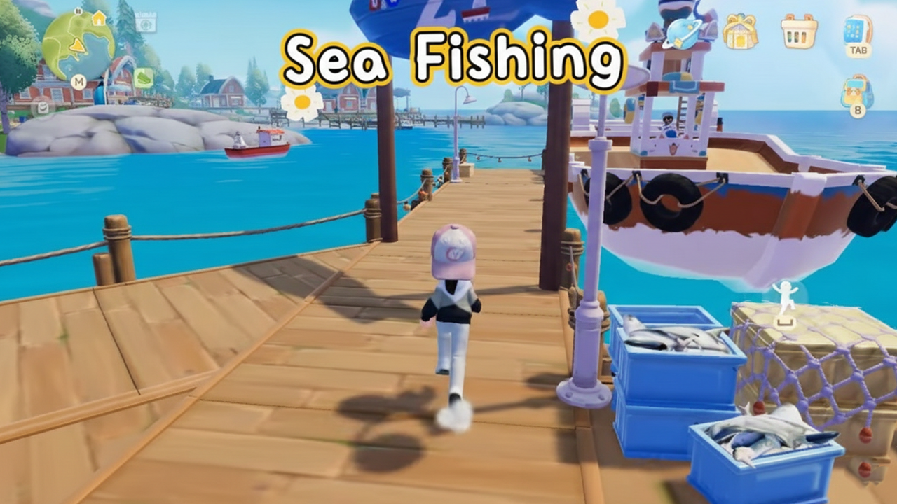 In-game map of Heartopia showing the Sea Fishing Event fishing location with coastline and ocean area.