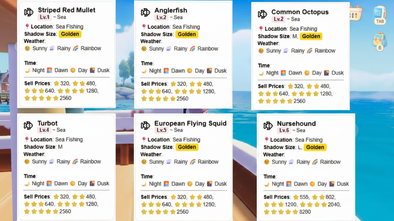 Fish cards for the Sea Fishing Event area in Heartopia, showing species like Common Shrimp, Hermit Crab, Goby, Haddock, Tub Gurnard, and Ocean Sunfish with weather and pricing details.