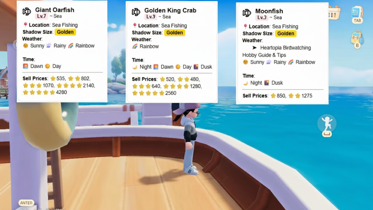 Fish cards for the Sea Fishing Event area in Heartopia, showing species like Common Shrimp, Hermit Crab, Goby, Haddock, Tub Gurnard, and Ocean Sunfish with weather and pricing details.