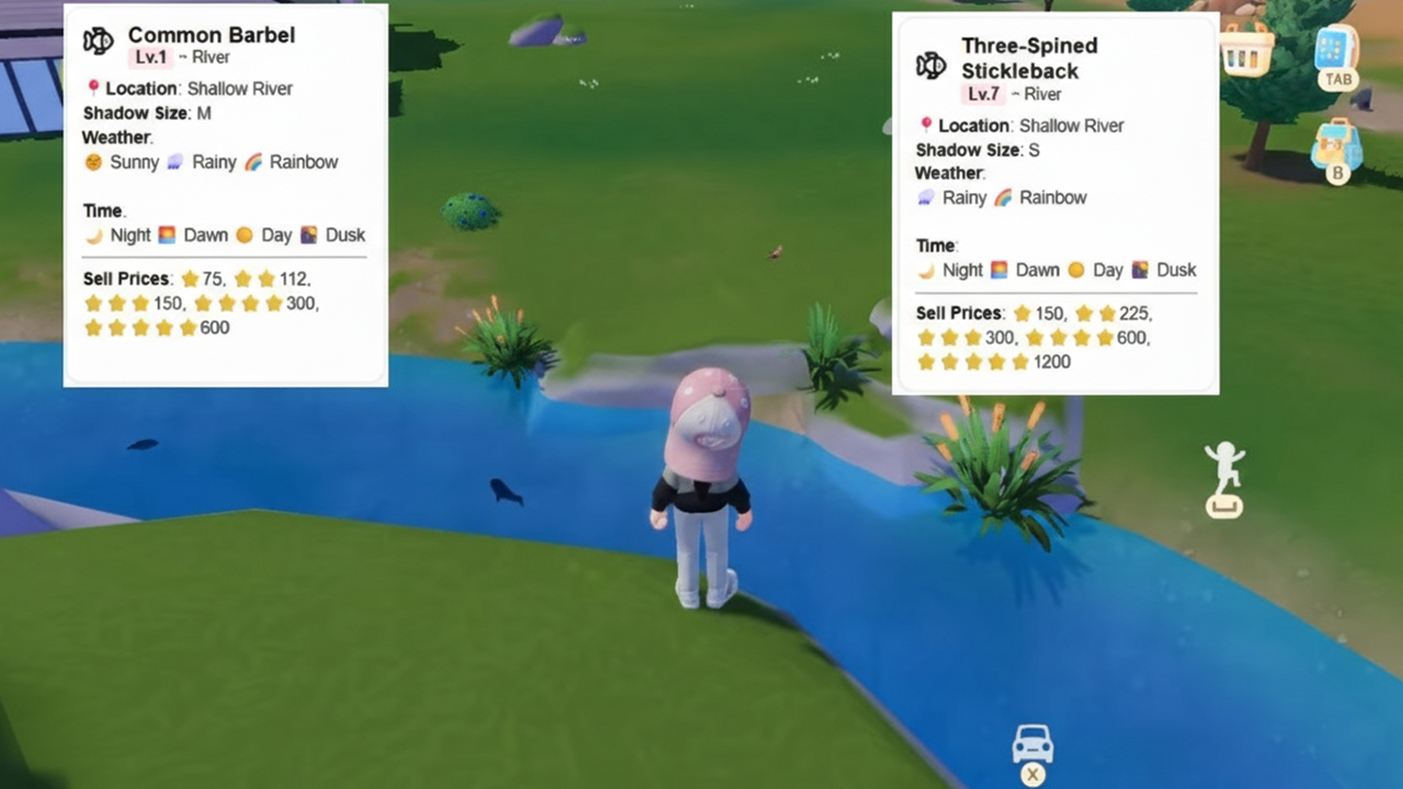 Fish cards for the Shallow River area in Heartopia, showing species like Common Shrimp, Hermit Crab, Goby, Haddock, Tub Gurnard, and Ocean Sunfish with weather and pricing details.