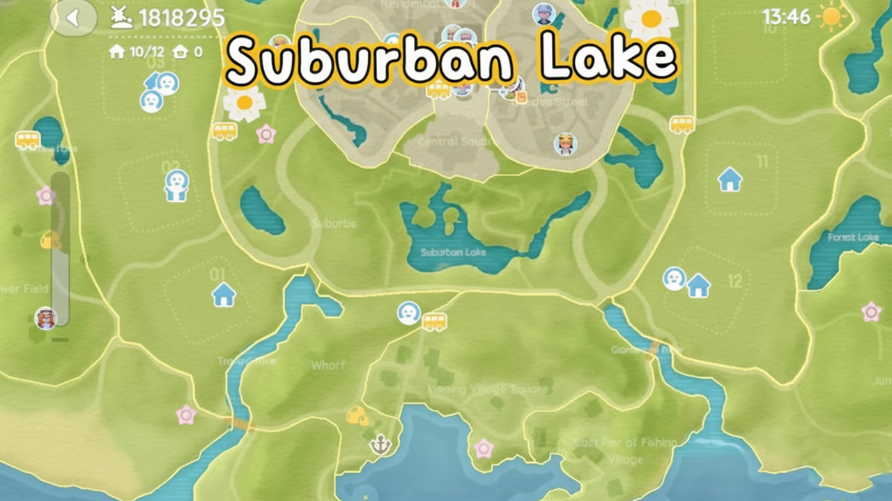 In-game map of Heartopia showing the Suburban Lake fishing location with coastline and ocean area.