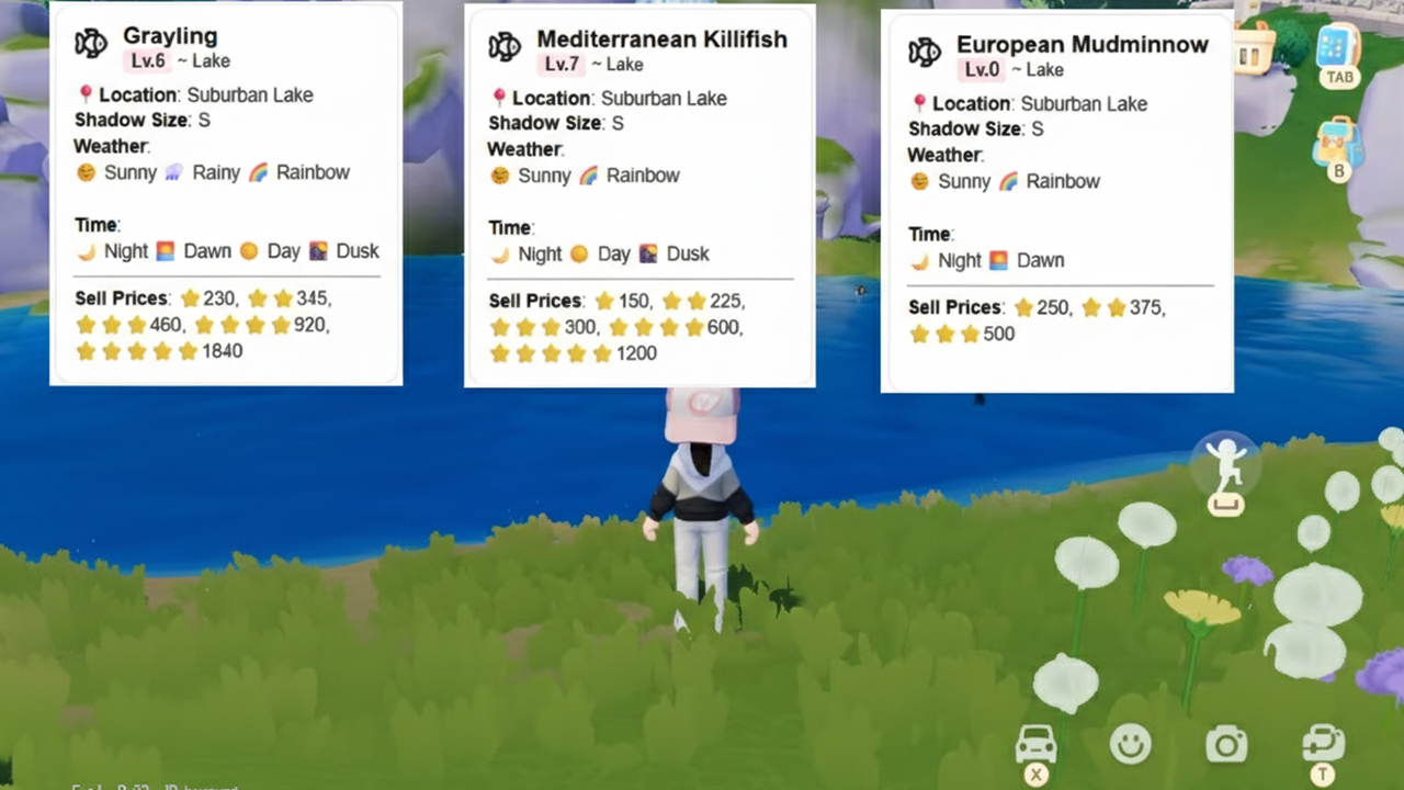 Fish cards for the Suburban Lake area in Heartopia, showing species like Common Shrimp, Hermit Crab, Goby, Haddock, Tub Gurnard, and Ocean Sunfish with weather and pricing details.