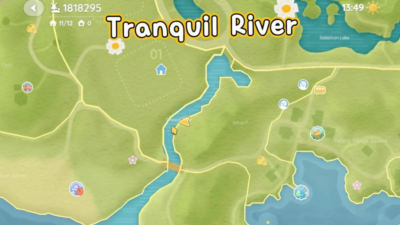 In-game map of Heartopia showing the Tranquil River fishing location with coastline and ocean area.
