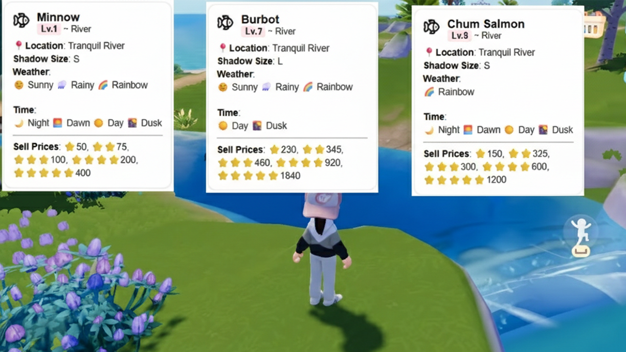 Fish cards for the Tranquil River area in Heartopia, showing species like Common Shrimp, Hermit Crab, Goby, Haddock, Tub Gurnard, and Ocean Sunfish with weather and pricing details.