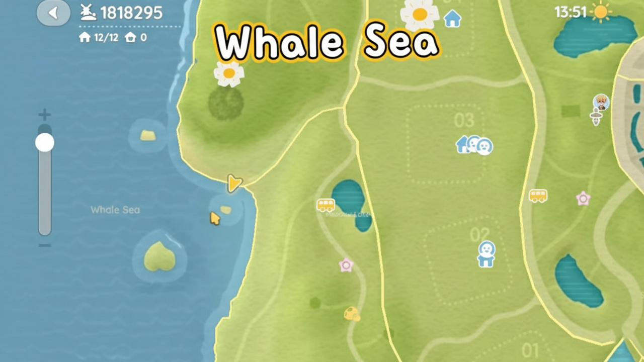 In-game map of Heartopia showing the All Lakes fishing location with coastline and ocean area.