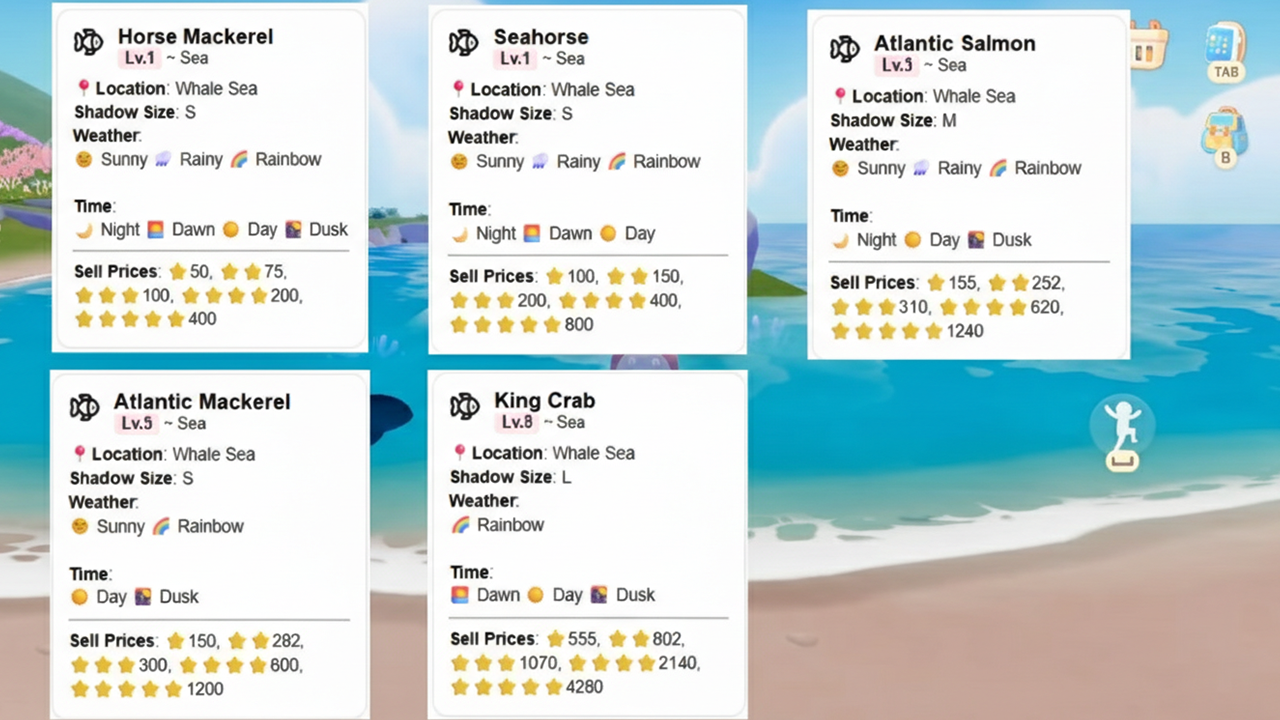 Fish cards for the Whale Sea area in Heartopia, showing species like Common Shrimp, Hermit Crab, Goby, Haddock, Tub Gurnard, and Ocean Sunfish with weather and pricing details.