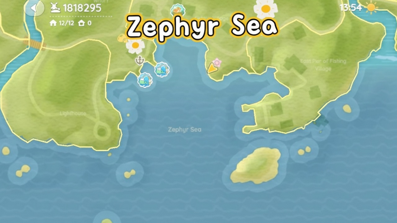 In-game map of Heartopia showing the All Lakes fishing location with coastline and ocean area.
