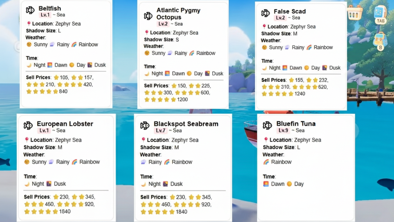 Fish cards for the Zephyr Sea area in Heartopia, showing species like Common Shrimp, Hermit Crab, Goby, Haddock, Tub Gurnard, and Ocean Sunfish with weather and pricing details.