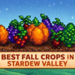 Illustration of the best fall crops in Stardew Valley including cranberries, pumpkins, grapes, and artichokes for a profit guide.