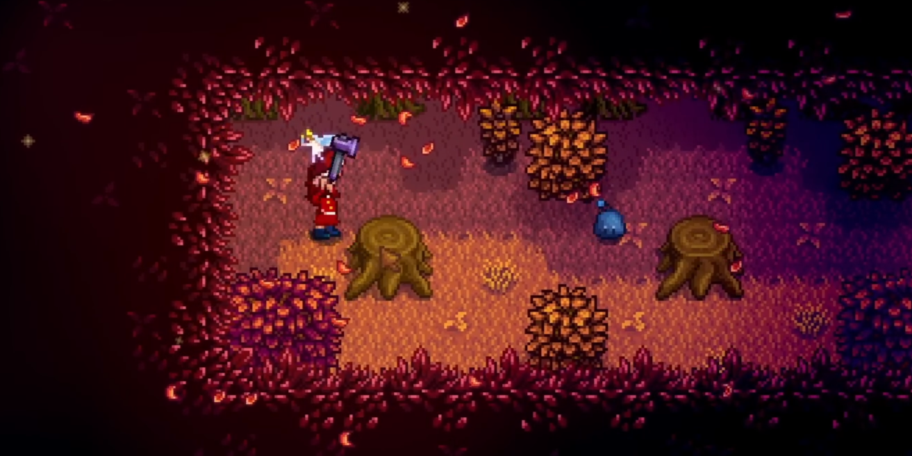 Player chopping large hardwood stumps in Secret Woods to gain foraging XP in Stardew Valley
