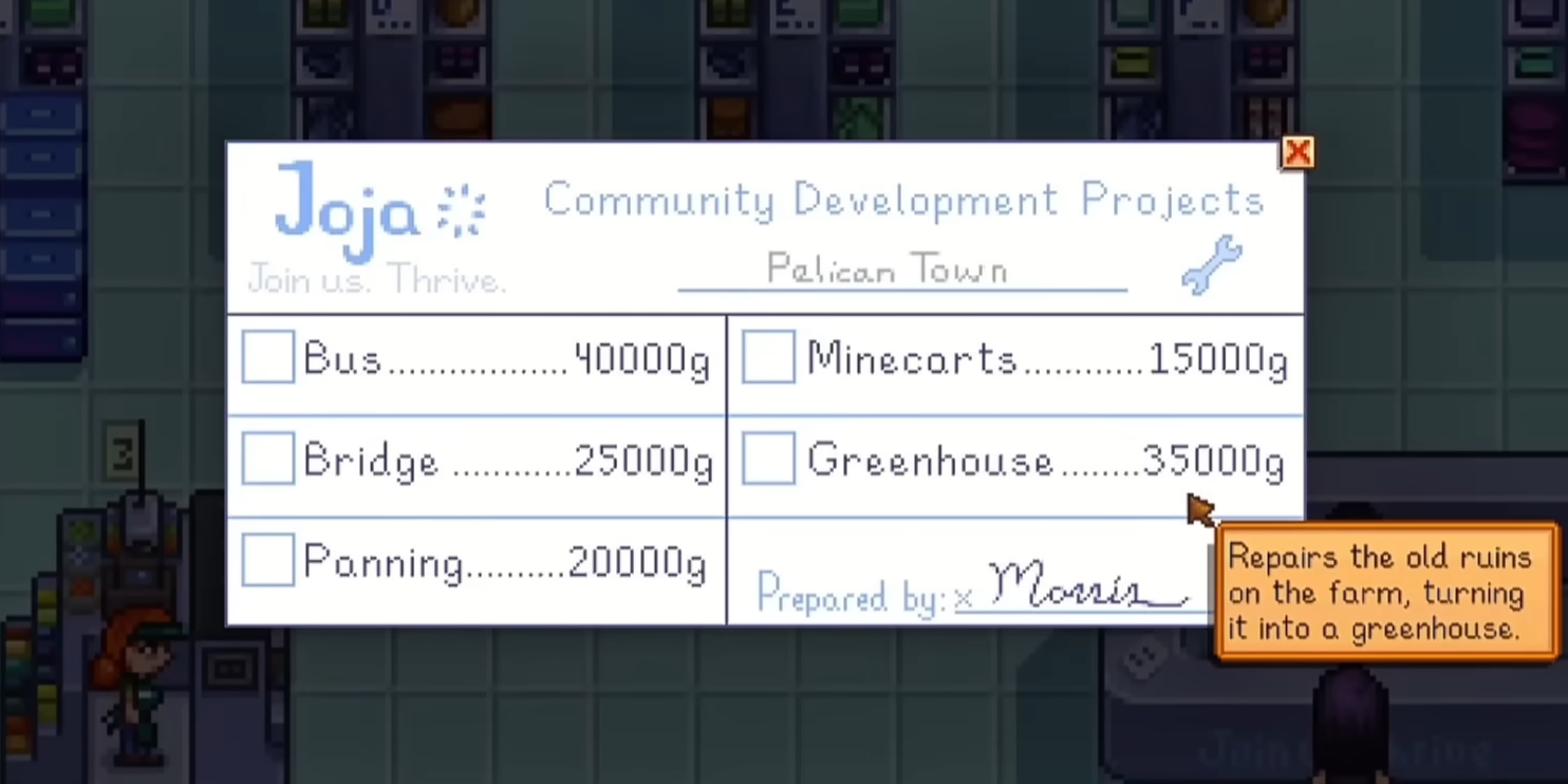 Joja Community Development Projects menu showing 35,000g greenhouse repair option in Stardew Valley