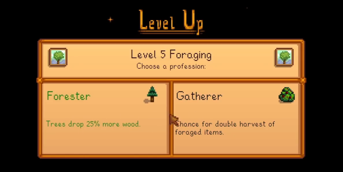 Stardew Valley Level 5 Foraging profession screen showing Forester and Gatherer options