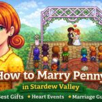 Pixel art profile of Penny from Stardew Valley showing her information, loved gifts, and character details for the marriage guide.