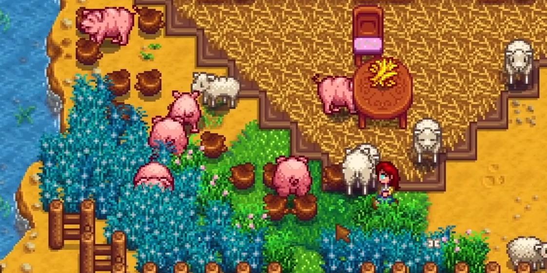 Farm pigs digging up truffles which count as foraging XP in Stardew Valley