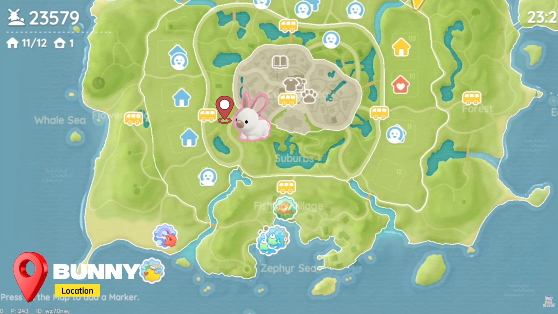 Heartopia map showing the exact Bunny location