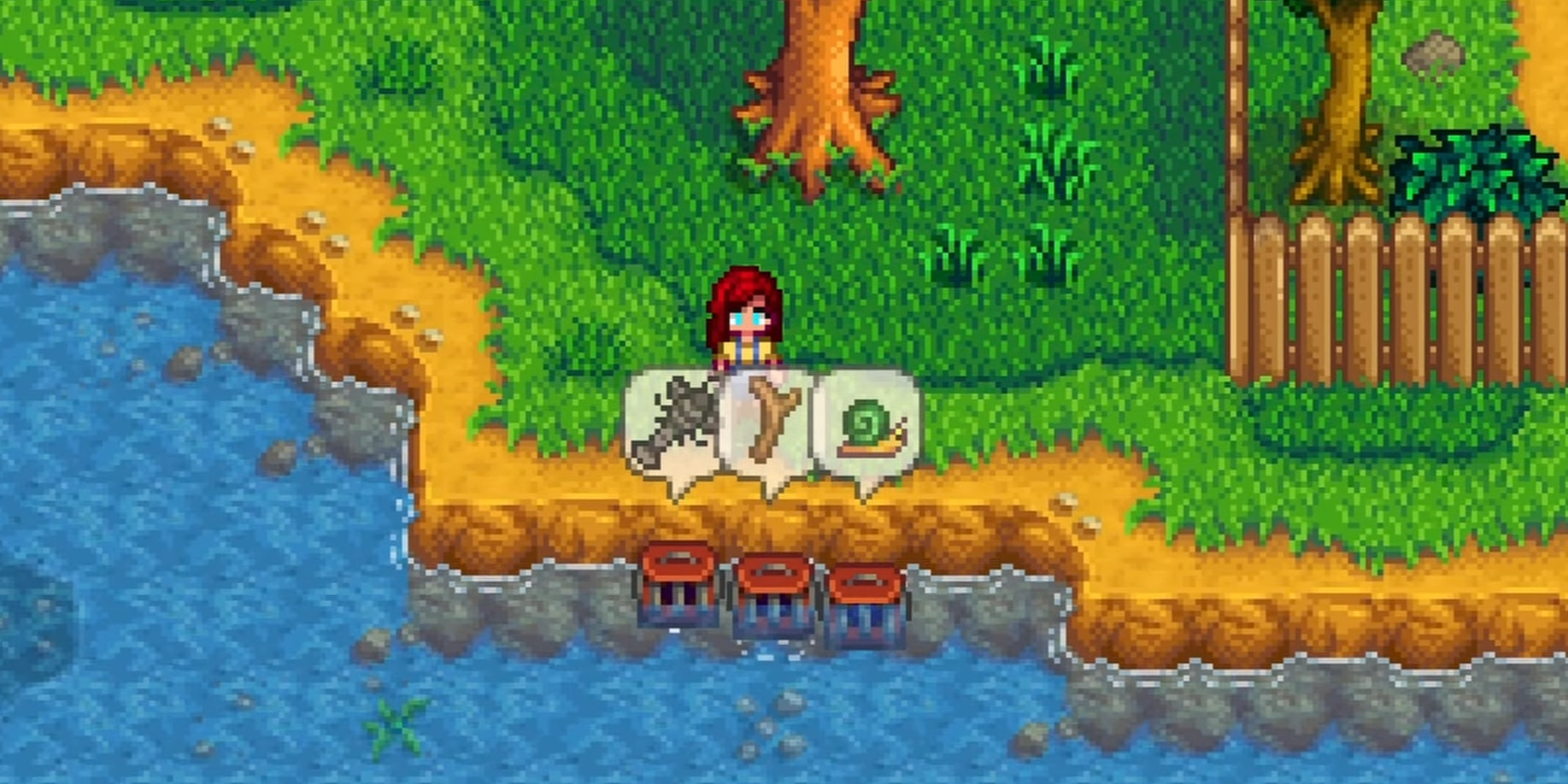 Crab pots placed along riverbank in Stardew Valley generating daily fishing loot and experience