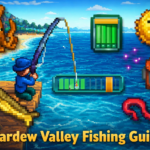 Farmer fishing at the beach in Stardew Valley showing fishing mini game and green bar mechanic