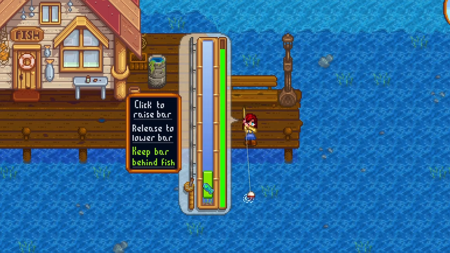 Stardew Valley fishing mini-game showing green bar, fish movement, and progress meter on the pier