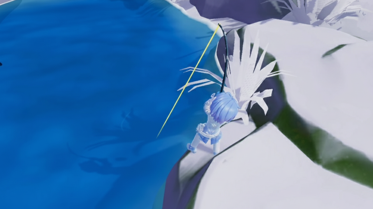 Player character standing on a snowy cliff fishing into deep blue lake water in Heartopia.