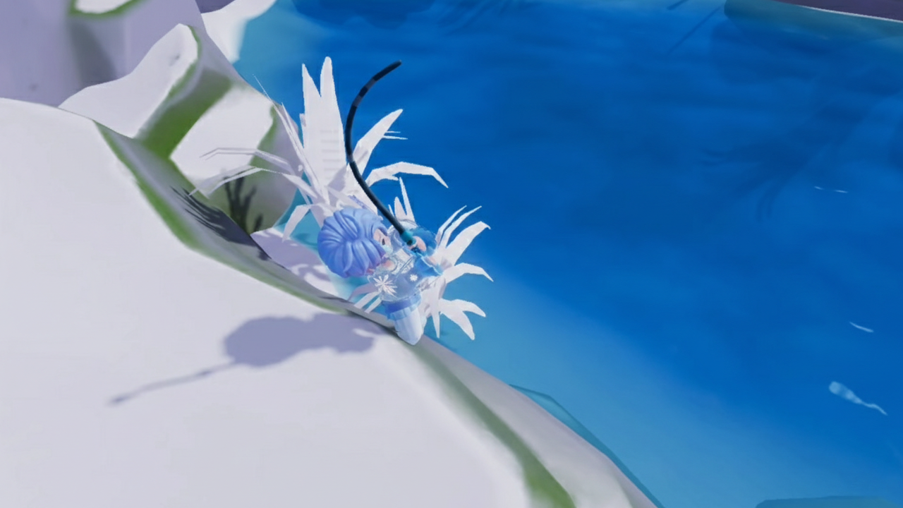 Character in Heartopia casting a fishing rod beside snow-covered plants along a frozen lake shoreline.